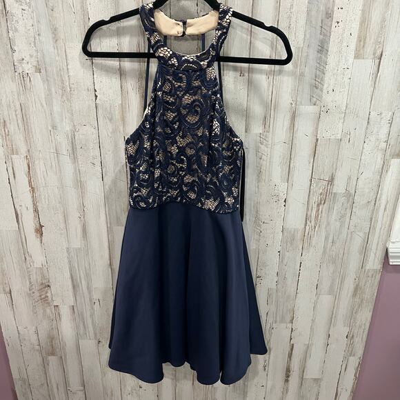 B. Darlin Navy Blue Lace Overlay Fit & Flare Halter Backless Mini Dress 7/8 - Picture 1 of 7